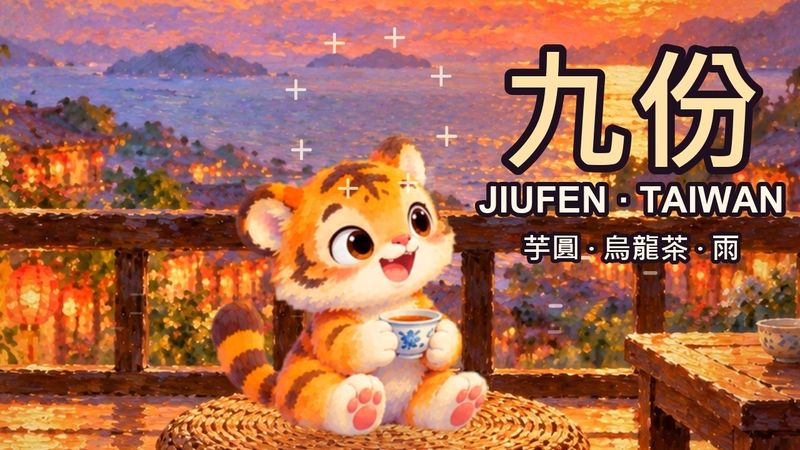 JD the tiger cub in a Monet-style painted scene of Taiwan